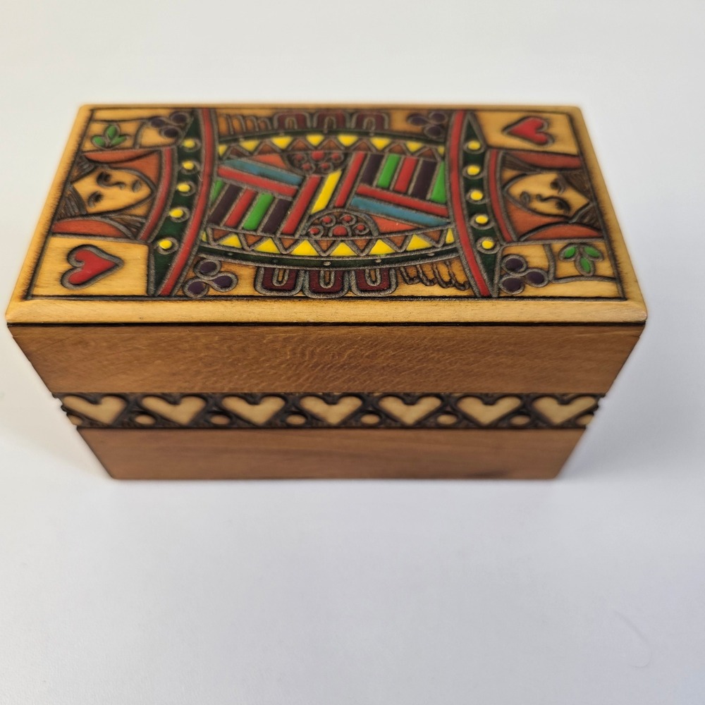 Polish Hand Painted Wood Playing Card‎ Box Queen of Hearts Folk Art Vintage